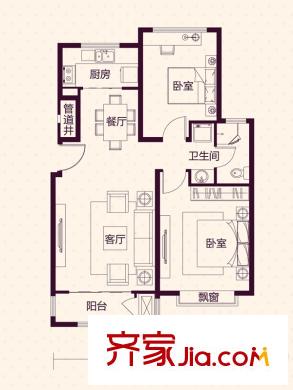 藍(lán)湖郡洋房14-19號樓標(biāo)準(zhǔn)層B戶型 2室2廳1衛(wèi)1廚