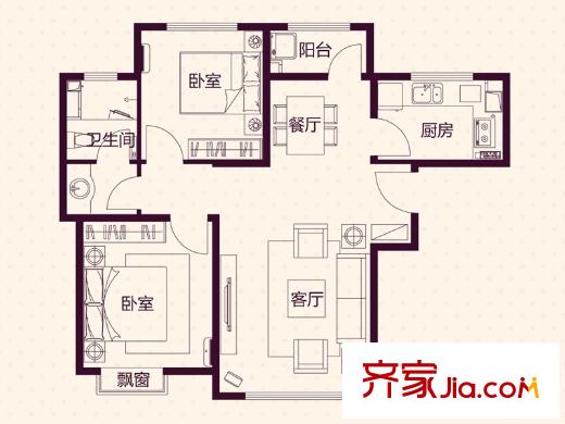 藍(lán)湖郡高層標(biāo)準(zhǔn)層A戶型 2室2廳1衛(wèi)1廚