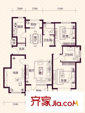 藍(lán)湖郡五層洋房標(biāo)準(zhǔn)層B戶型 3室2廳2衛(wèi)1廚