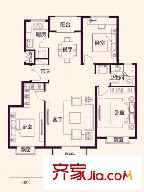 藍(lán)湖郡洋房14-19號樓標(biāo)準(zhǔn)層A戶型 3室2廳1衛(wèi)1廚