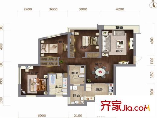 泰悅豪庭5號(hào)樓標(biāo)準(zhǔn)層1戶型 3室2廳2衛(wèi)1廚