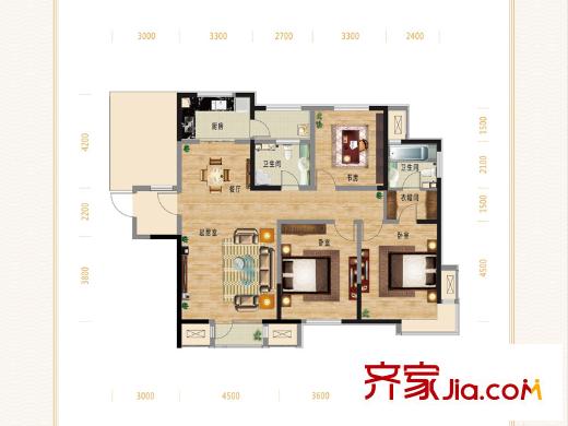 童年河一期高層產(chǎn)品標(biāo)準(zhǔn)層B3戶型 3室2廳2衛(wèi)1廚