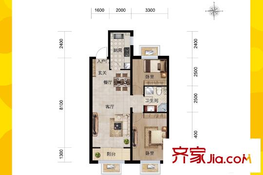 澤信金匯灣小高層1-5、8號(hào)樓標(biāo)準(zhǔn)層C2戶型 2室2廳1衛(wèi)1廚