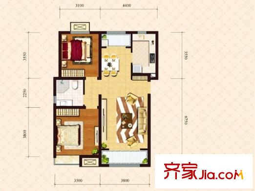 保利香頌湖小高層標(biāo)準(zhǔn)層D戶型 2室2廳1衛(wèi)1廚