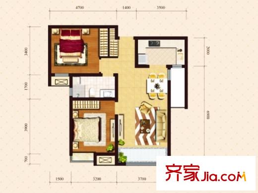 保利香頌湖高層標(biāo)準(zhǔn)層G戶型 2室2廳1衛(wèi)1廚