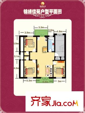 錦繡佳苑洋房標(biāo)準(zhǔn)層F戶型 3室2廳1衛(wèi)1廚