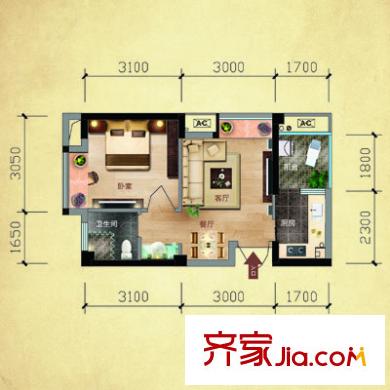 福晟錢(qián)隆公館戶型圖1#樓16單元戶型 1室2廳1衛(wèi)1廚