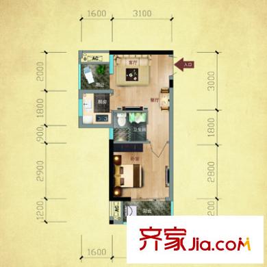 福晟錢隆公館戶型圖1#樓15單元戶型 1室1廳1衛(wèi)1廚
