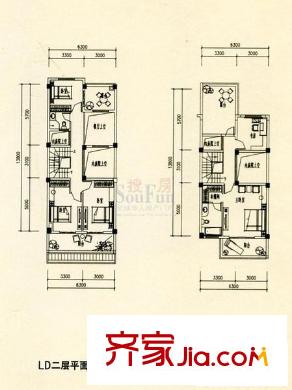 陽光理想城丹寧頓小鎮(zhèn)戶型圖B組團LD二層、三層平面圖 4室3廳4衛(wèi)1廚