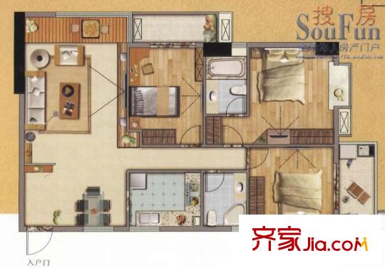 柒星佳寓戶型圖標(biāo)準(zhǔn)層13單元戶型圖 3室2廳2衛(wèi)1廚