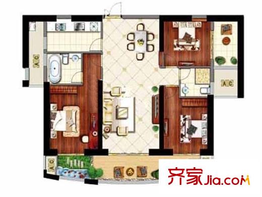 億力江濱戶型圖A2 03、04-a裝修示意圖 3室2廳2衛(wèi)1廚
