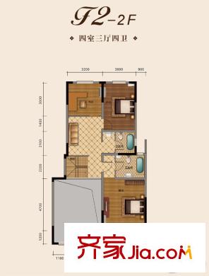 松江水岸唐寧別墅4號樓F2戶型2層戶型圖 4室3廳2衛(wèi)1廚