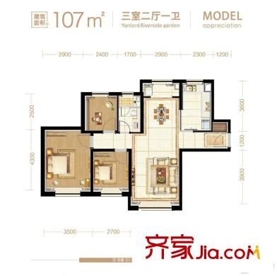 仁恒河濱花園二期高層15號(hào)樓2-26層01戶型 3室2廳1衛(wèi)1廚