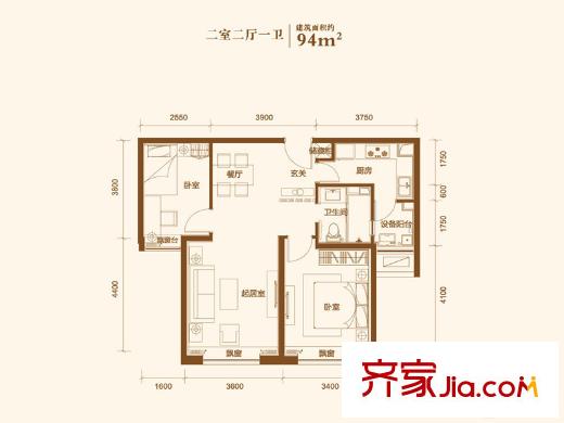 仁恒河濱花園二期15號(hào)樓1-28層F4戶型 2室2廳1衛(wèi)1廚