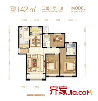 仁恒河濱花園二期高層12號(hào)樓3-27層01戶型 3室2廳2衛(wèi)1廚