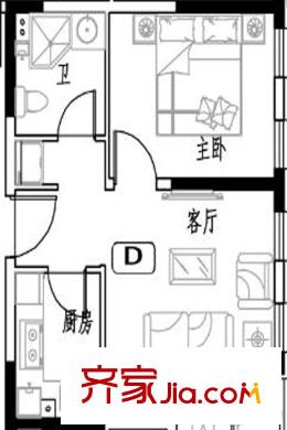 中海學(xué)府公館一期公寓標(biāo)準(zhǔn)層53平方米戶型 1室1廳1衛(wèi)1廚