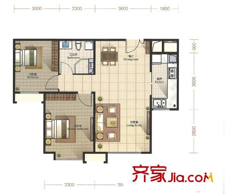 融創(chuàng)中心二期高層2、3、6號樓標(biāo)準(zhǔn)層F2戶型 2室2廳1衛(wèi)1廚
