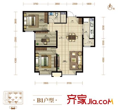 融創(chuàng)中心一期高層5、7、8號樓標(biāo)準(zhǔn)層B1戶型 3室2廳1衛(wèi)1廚