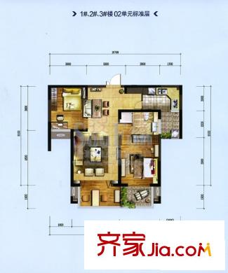 江南水都悅湖戶型圖1#2#3#02單元標(biāo)準(zhǔn)層 3室2廳1衛(wèi)1廚