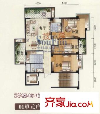 都會(huì)華彩戶型圖8#標(biāo)準(zhǔn)層01單元 3室2廳2衛(wèi)1廚