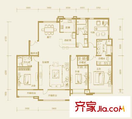 億城堂庭三期高層標(biāo)準(zhǔn)層K戶型 4室2廳3衛(wèi)1廚