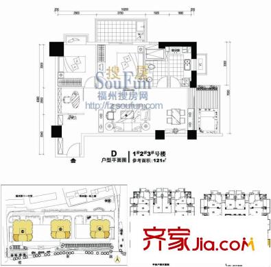 陽(yáng)光假日公寓戶型圖3室2廳1衛(wèi)1廚