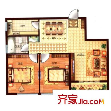 烏龍江大區(qū)戶型圖B2戶型 2室2廳1衛(wèi)1廚