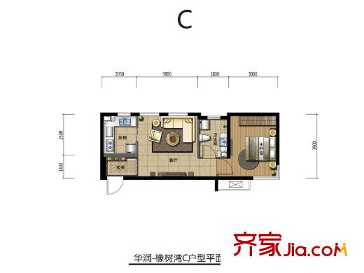 華潤橡樹灣四期高層標(biāo)準(zhǔn)層C戶型 1室1廳1衛(wèi)1廚