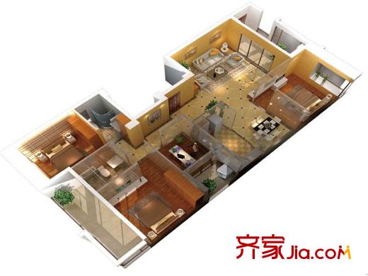 世歐上江城戶(hù)型圖C2-01戶(hù)型立體模型 4室2廳2衛(wèi)1廚