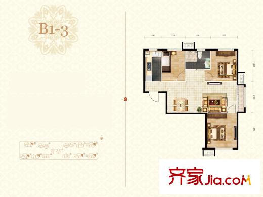 楓丹天城小高層標準層b1-3-01戶型 3室2廳1衛(wèi)1廚