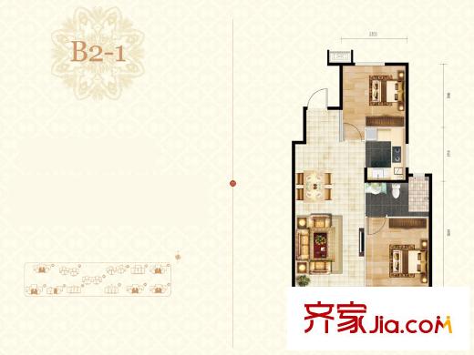 楓丹天城小高層標準層b2-1-01戶型 2室2廳1衛(wèi)1廚