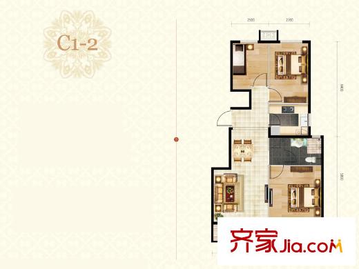 楓丹天城小高層標準層C1-2-01戶型 3室2廳1衛(wèi)1廚