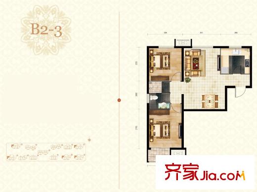 楓丹天城小高層標準層b2-3-01戶型 2室2廳1衛(wèi)1廚