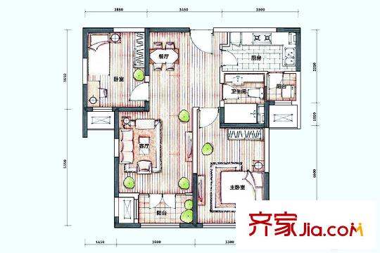新梅江錦秀里高層4、9標(biāo)準(zhǔn)層B-02戶型 2室2廳1衛(wèi)1廚