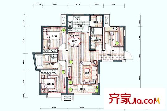 新梅江錦秀里高層5、6、9標(biāo)準(zhǔn)層C-01戶型 3室2廳2衛(wèi)1廚
