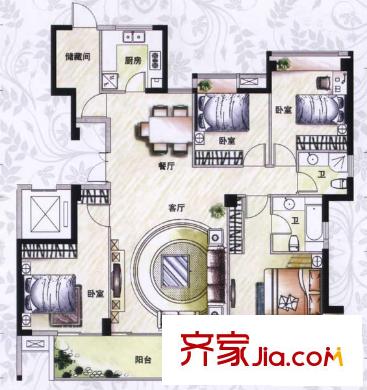 大儒世家朗園戶型圖1#4#6#C1標準層戶型 4室2廳2衛(wèi)1廚