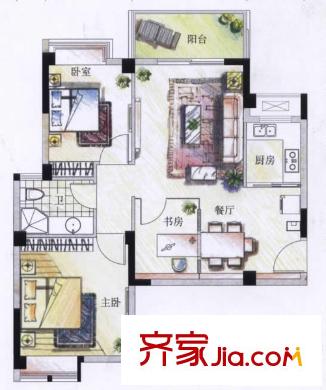 大儒世家朗園戶型圖9#10#11#A2標準戶型裝修方案 3室2廳1衛(wèi)1廚