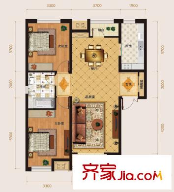 璽岳3、5、9、13、15號樓標(biāo)準(zhǔn)層A戶型圖 2室2廳1衛(wèi)1廚