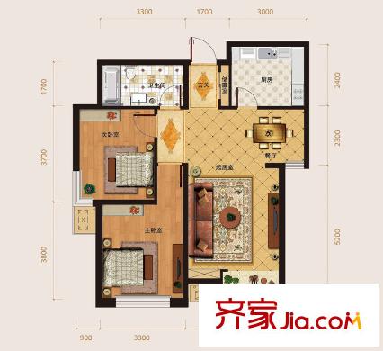 璽岳3、5、8-11、13、15號樓標(biāo)準(zhǔn)層B戶型圖 2室2廳1衛(wèi)1廚