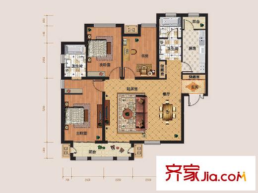 璽岳6、7號樓標(biāo)準(zhǔn)層E戶型圖 3室2廳2衛(wèi)1廚