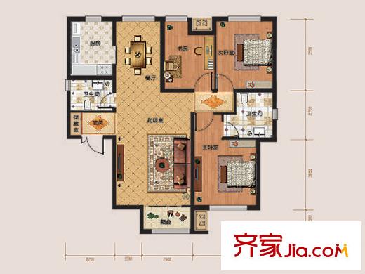 璽岳6、7號樓標(biāo)準(zhǔn)層F戶型圖 3室2廳2衛(wèi)1廚