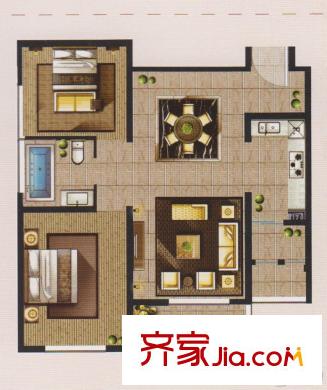 博雅公館2號樓標準層B戶型 1室2廳1衛(wèi)1廚