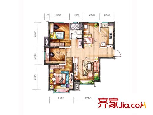 宜禾紅橡公園二期高層標(biāo)準(zhǔn)層HM2戶型 3室2廳1衛(wèi)