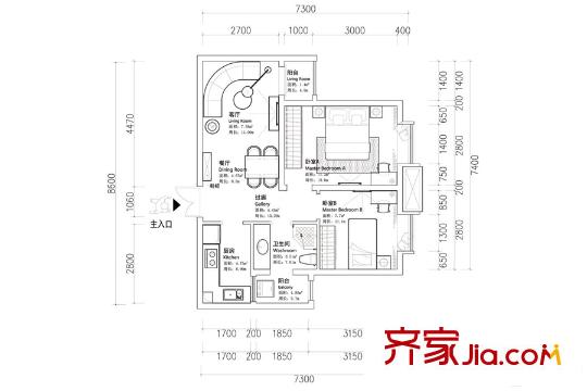 錦潤(rùn)華庭高層標(biāo)準(zhǔn)層中戶戶型 2室2廳1衛(wèi)1廚