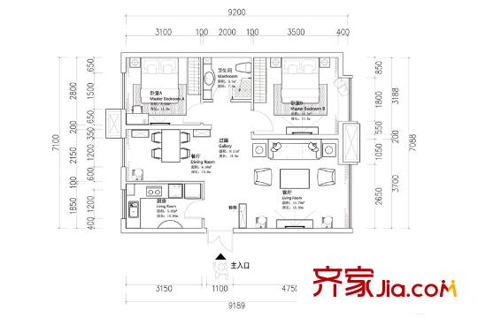 錦潤(rùn)華庭高層標(biāo)準(zhǔn)層端戶戶型 2室2廳1衛(wèi)1廚