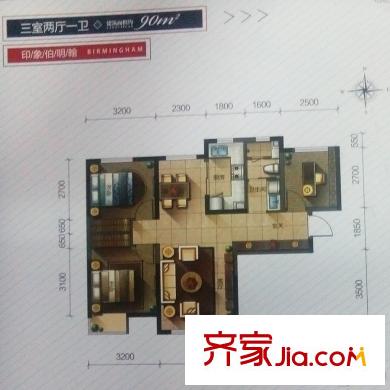 保利金融街諾丁山高層18-22、27-31、33-34號(hào)樓標(biāo)準(zhǔn)層F1戶型 3室2廳1衛(wèi)1廚