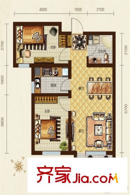財富綠道丹庭高層10#、11#標準層B戶型 2室2廳1衛(wèi)1廚