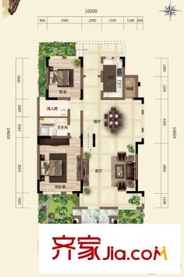 假日花園疊拼別墅JA1戶型首層 2室2廳1衛(wèi)1廚
