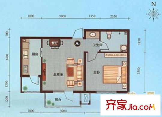 天房彩郡二期一期1-10號樓標(biāo)準(zhǔn)層A1戶型圖 1室1廳1衛(wèi)1廚