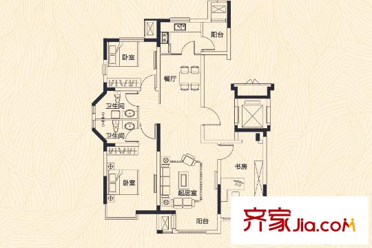 天物郁江溪岸洋房2-6號樓標準層D戶型 3室2廳2衛(wèi)